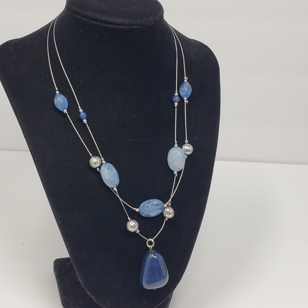 Silver tone metal & blue mixed bead double strand necklace Good used condition